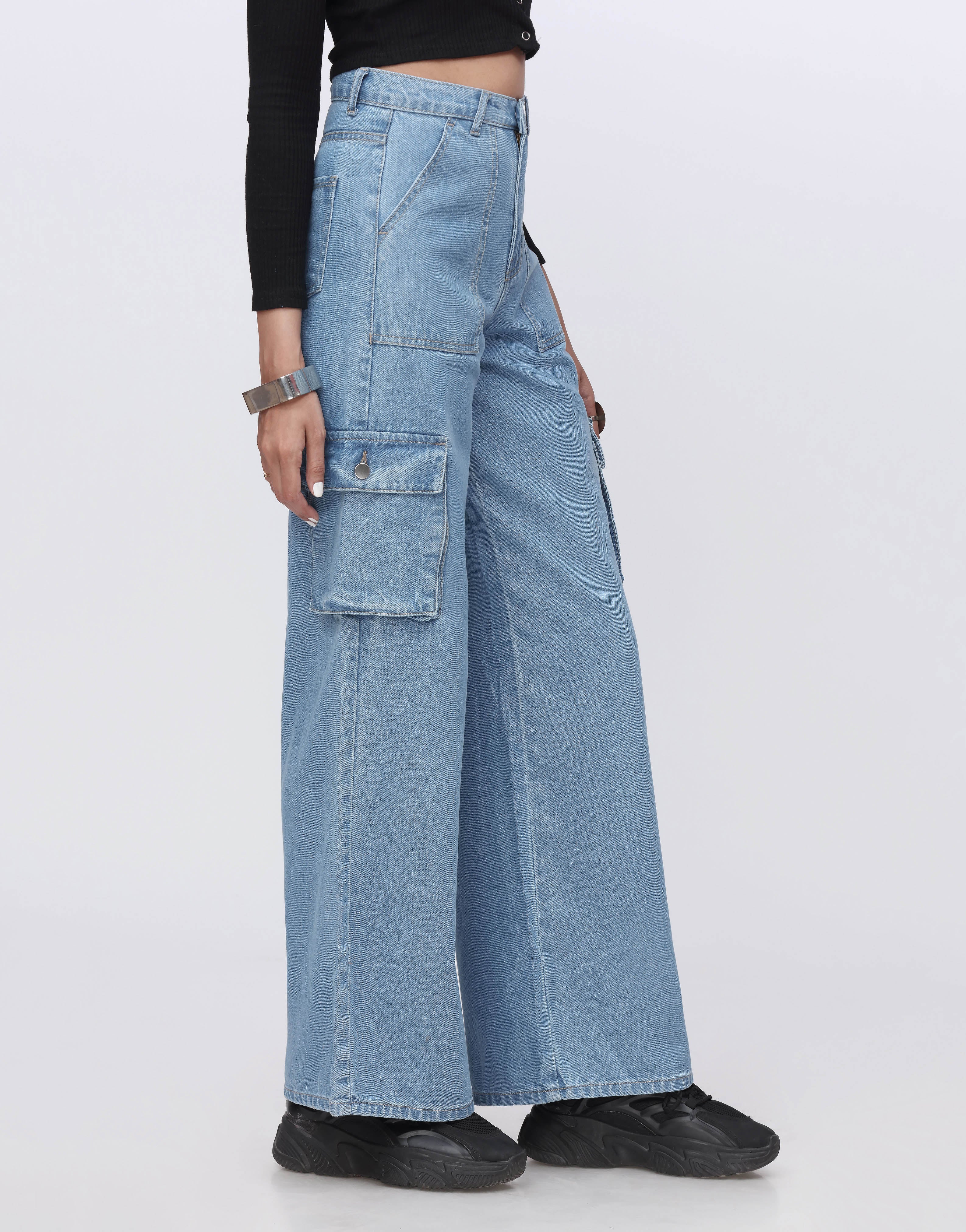 High Rise Wide Leg Flap Pocket Cargo Jeans Mid Wash