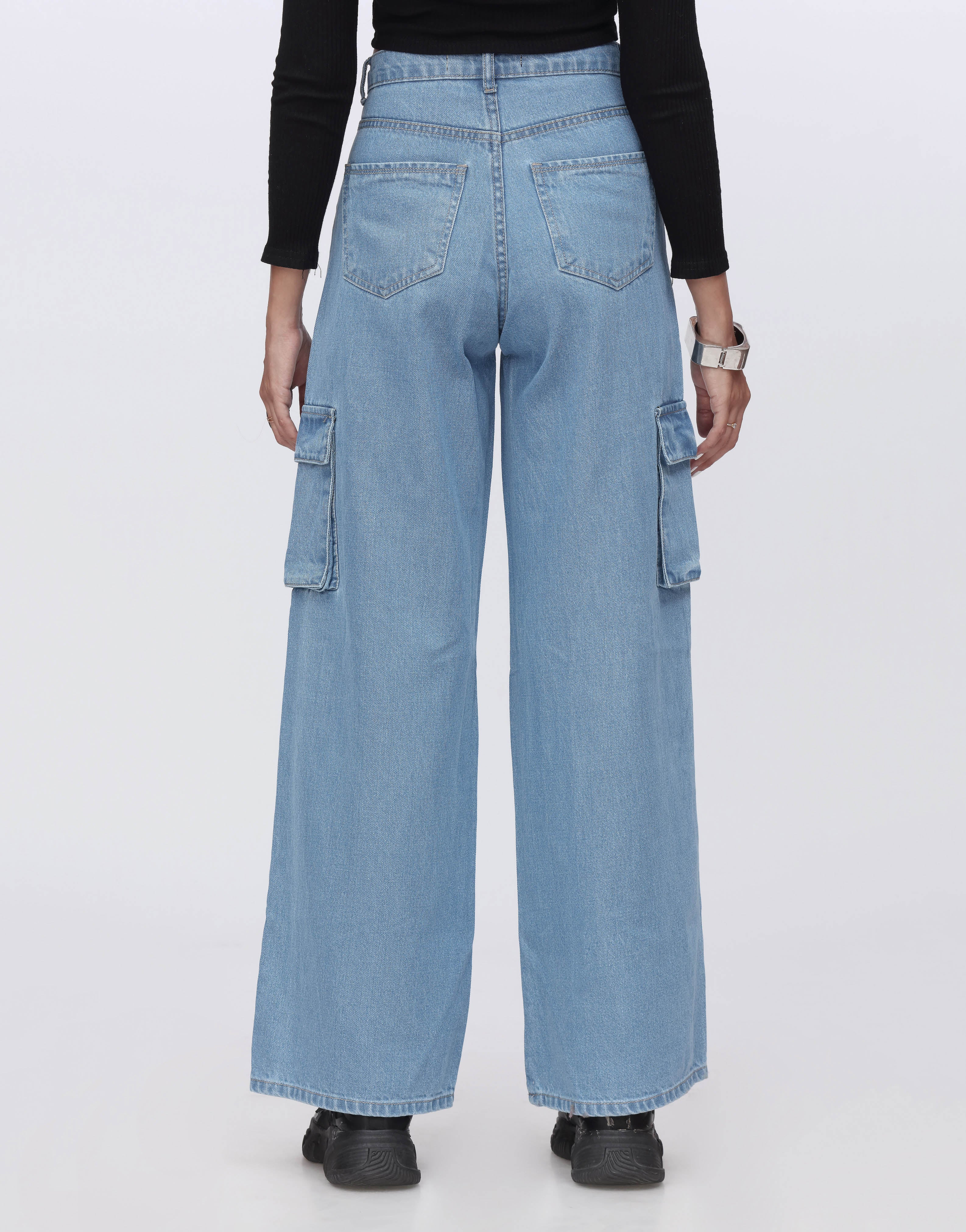 High Rise Wide Leg Flap Pocket Cargo Jeans Mid Wash
