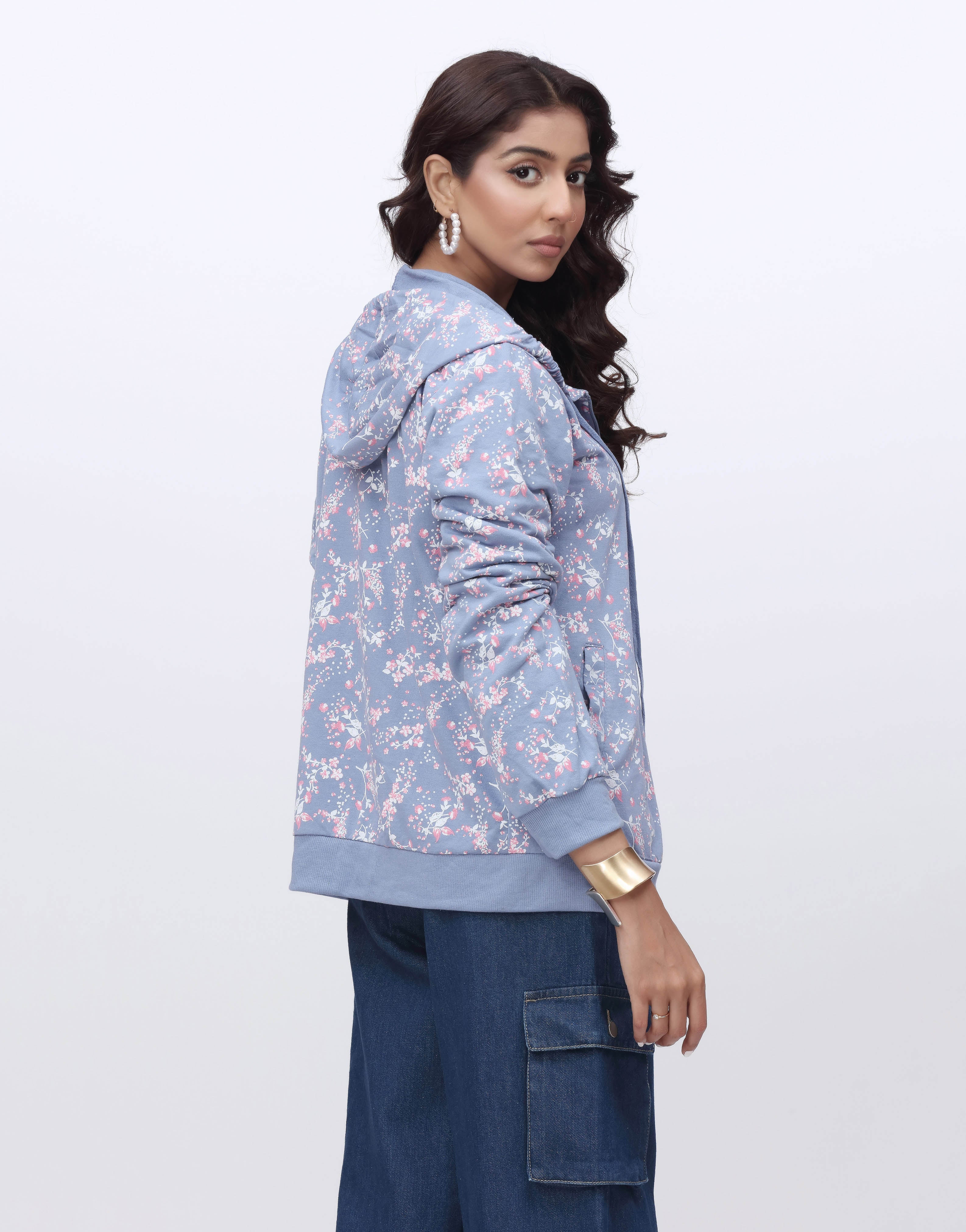 Zipper Hoodie Floral Printed in Terry (MINOR DEFECT)