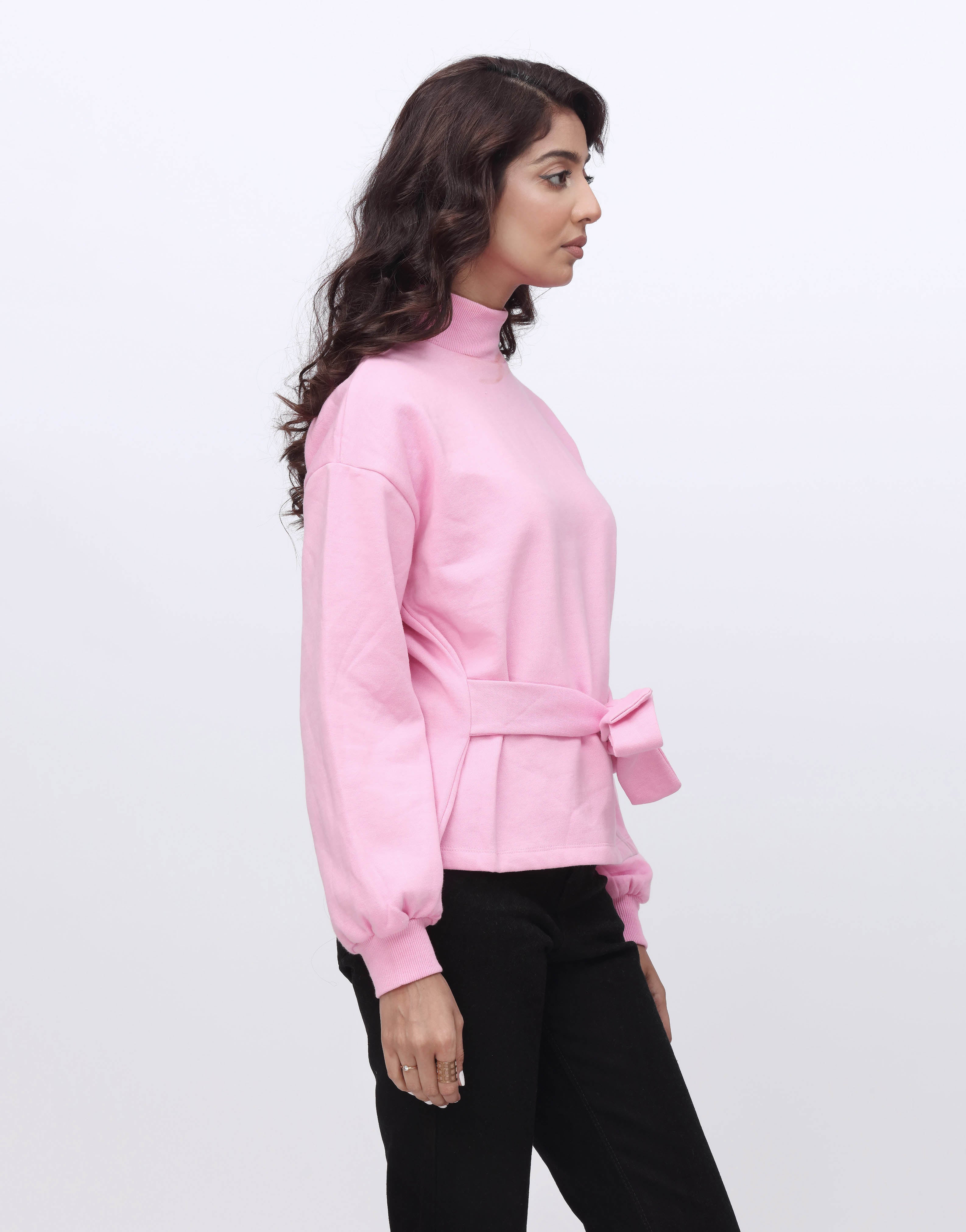 High Neck Full Sleeves Top with Belt-Pink