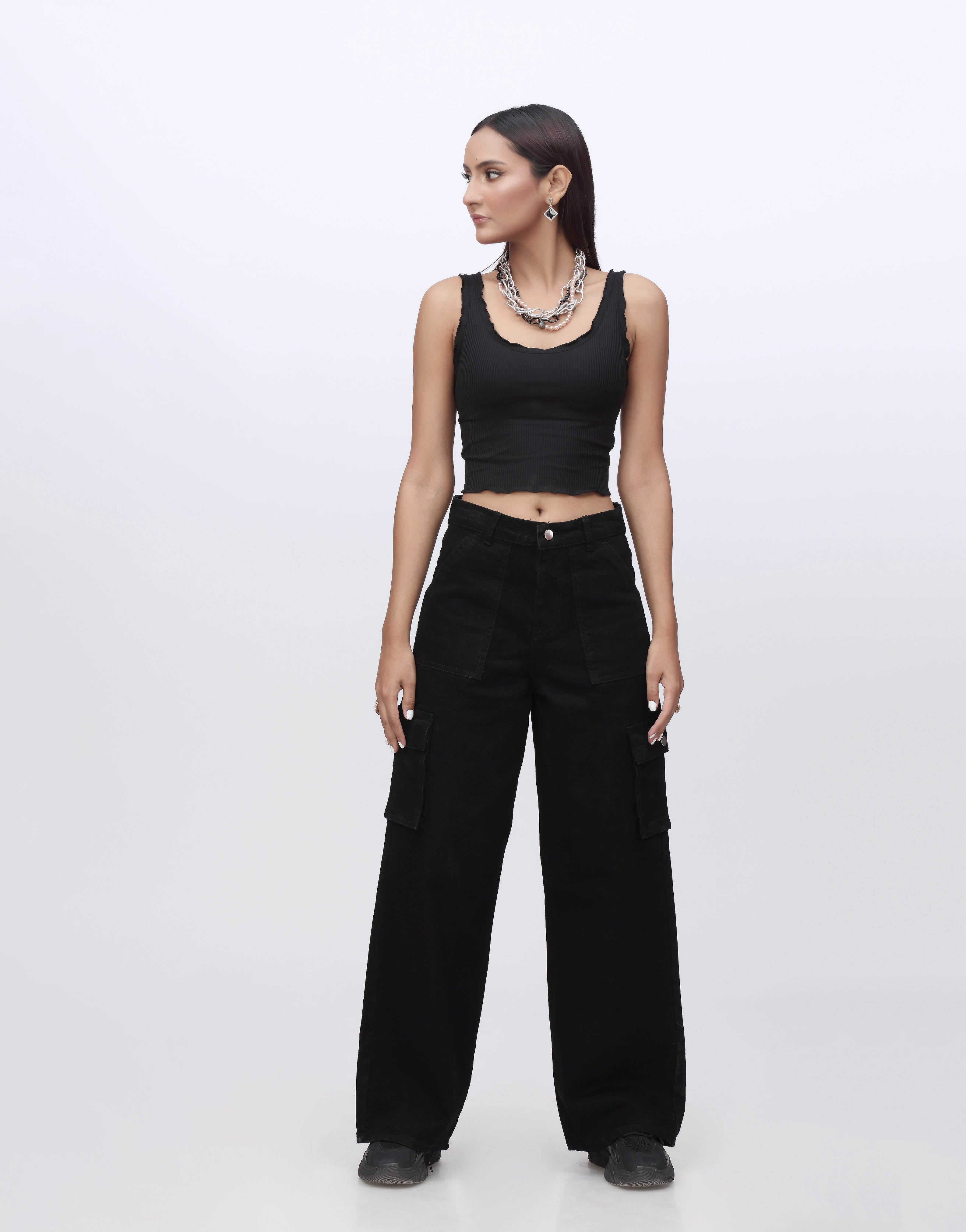 Wide Leg Flap Pocket Cargo Jeans Jet Black Minor Fault