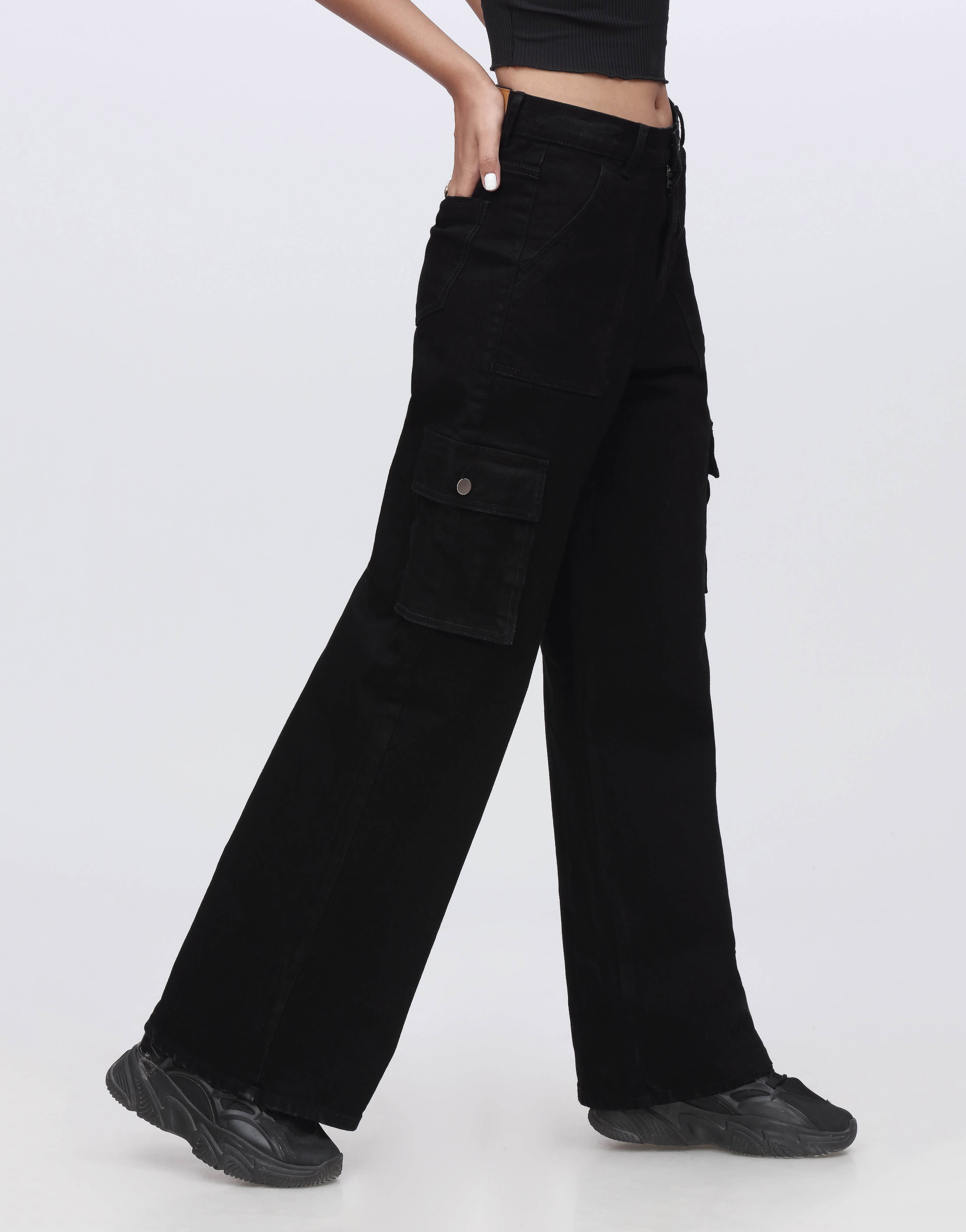 Wide Leg Flap Pocket Cargo Jeans Jet Black