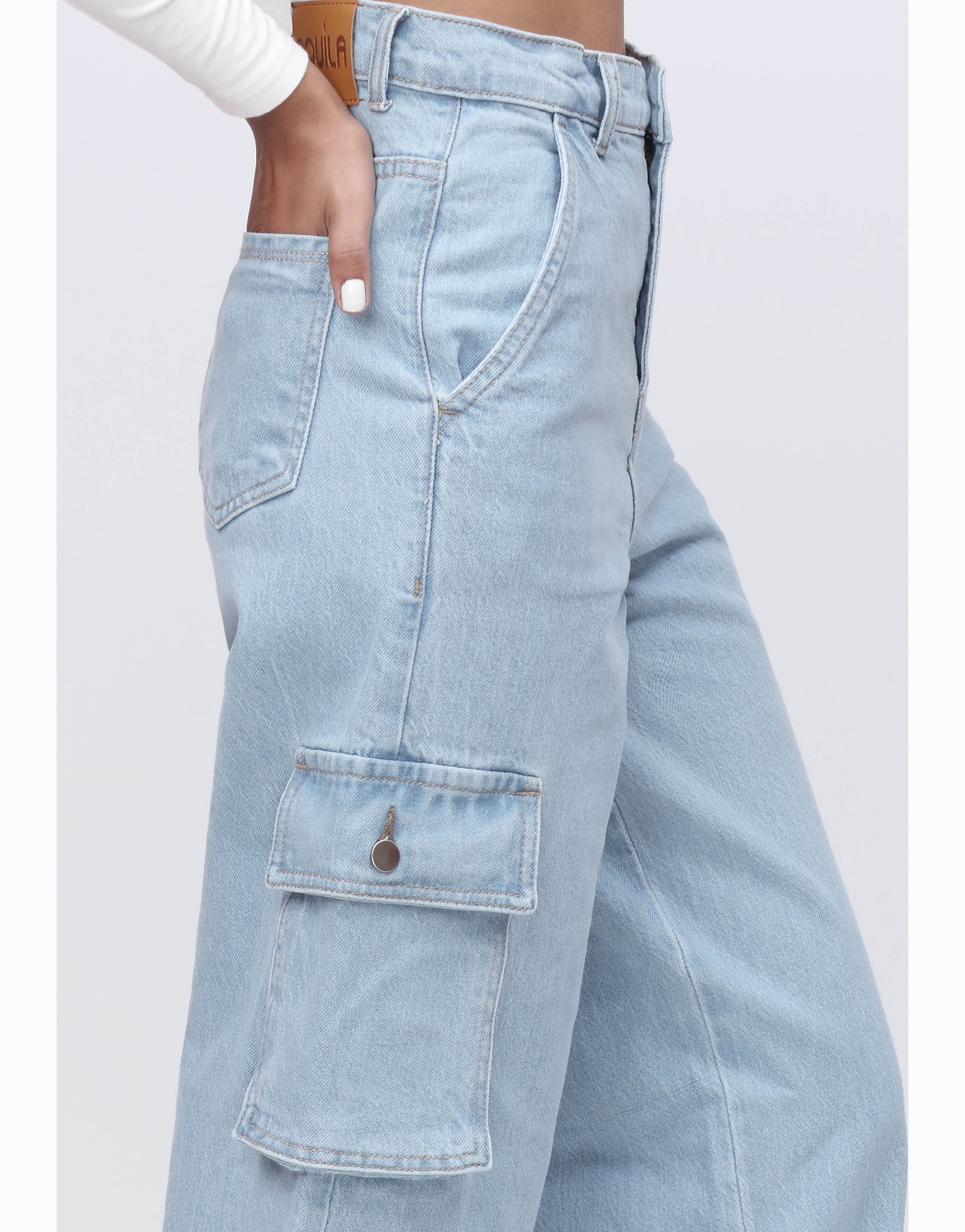 High Rise Wide Leg Cargo Jeans Light Wash Minor Fault