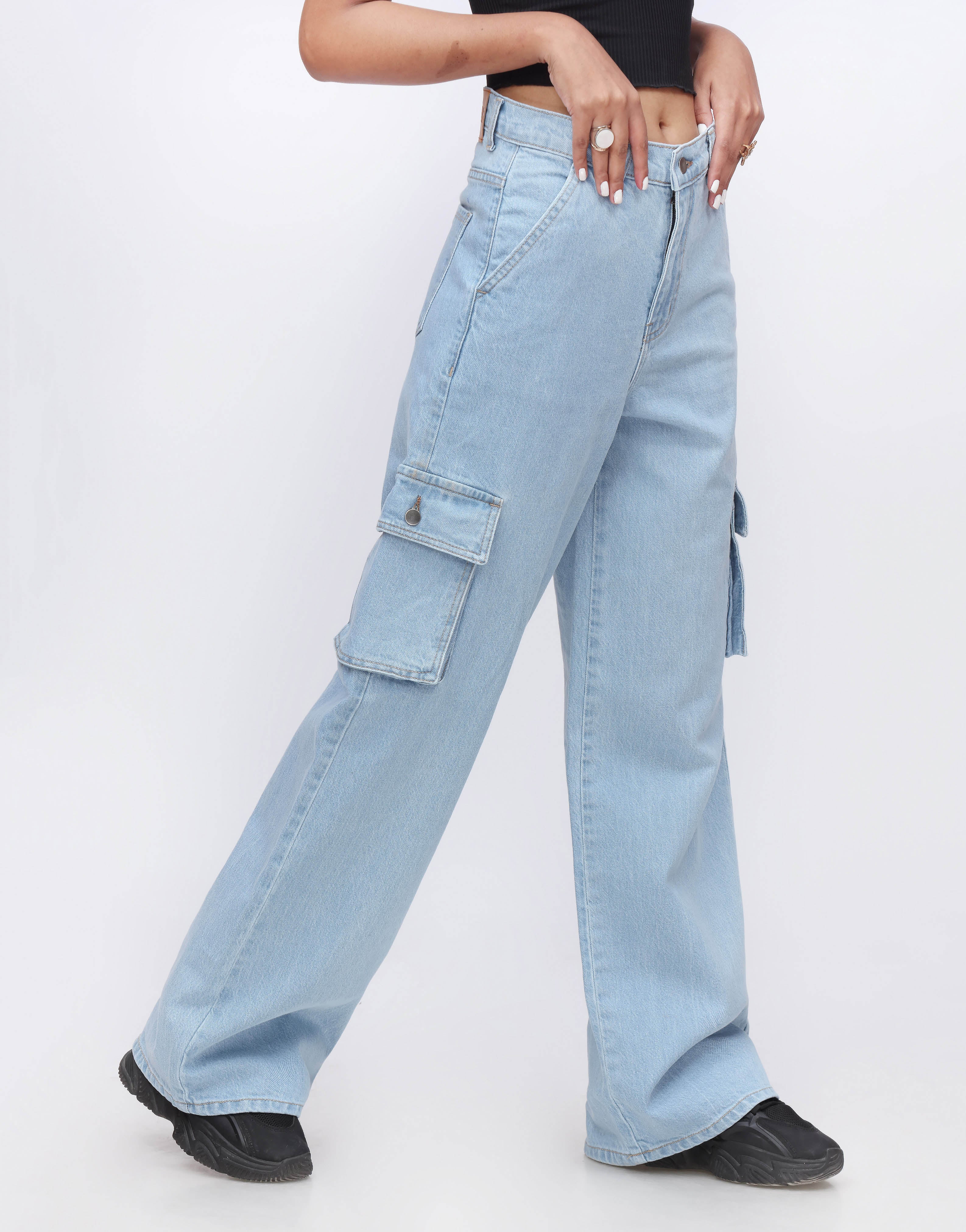 High Rise Wide Leg Cargo Jeans Light Wash Minor Fault