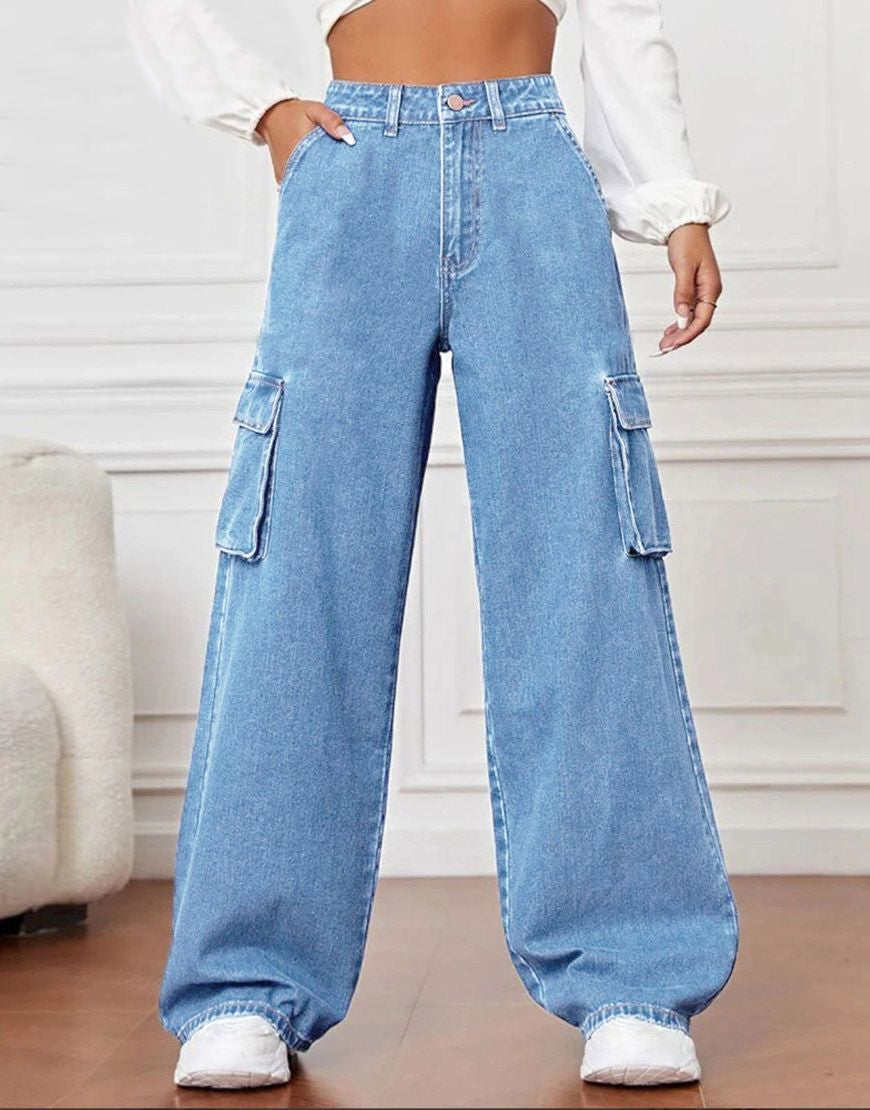 High Rise Wide Leg Cargo Jeans Medium Wash