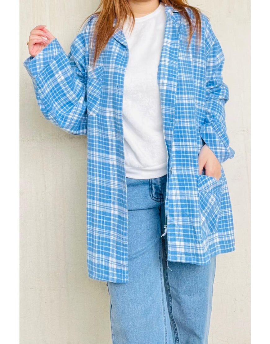 Oversized Checked Shirt in Sky Blue Minor Defect