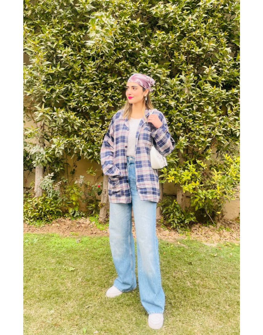 Checked Oversized Shirt in Blue & Grey Minor Defect