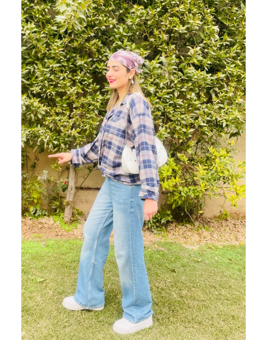 Checked Oversized Shirt in Blue & Grey Minor Defect