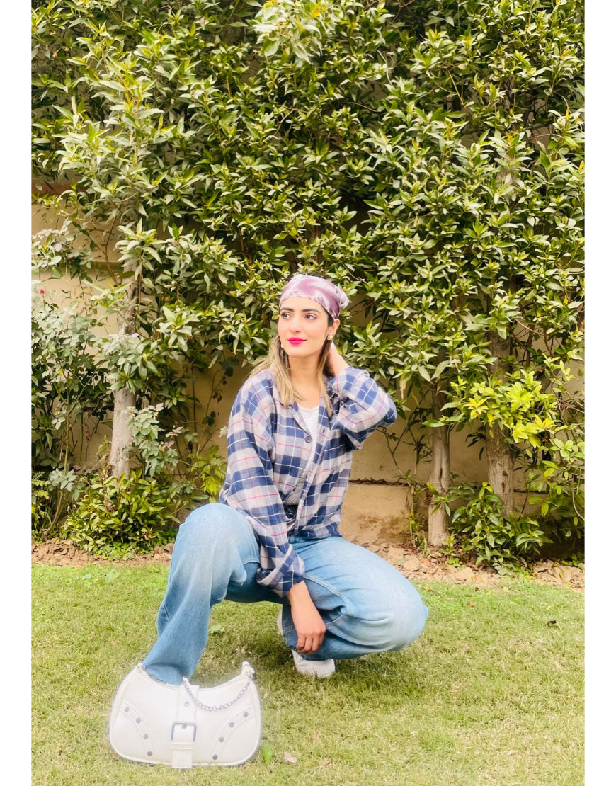 Checked Oversized Shirt in Blue & Grey Minor Defect