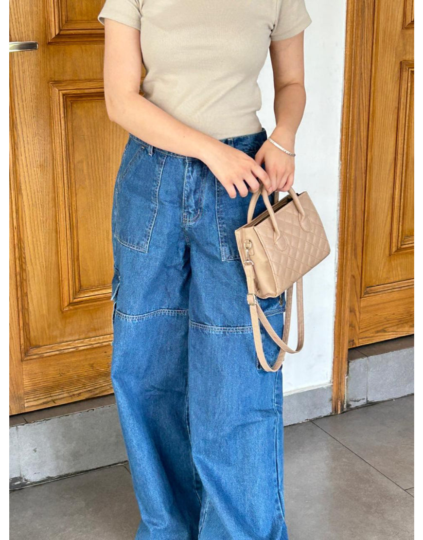 Wide Leg Flap Pocket Cargo Stone Blue