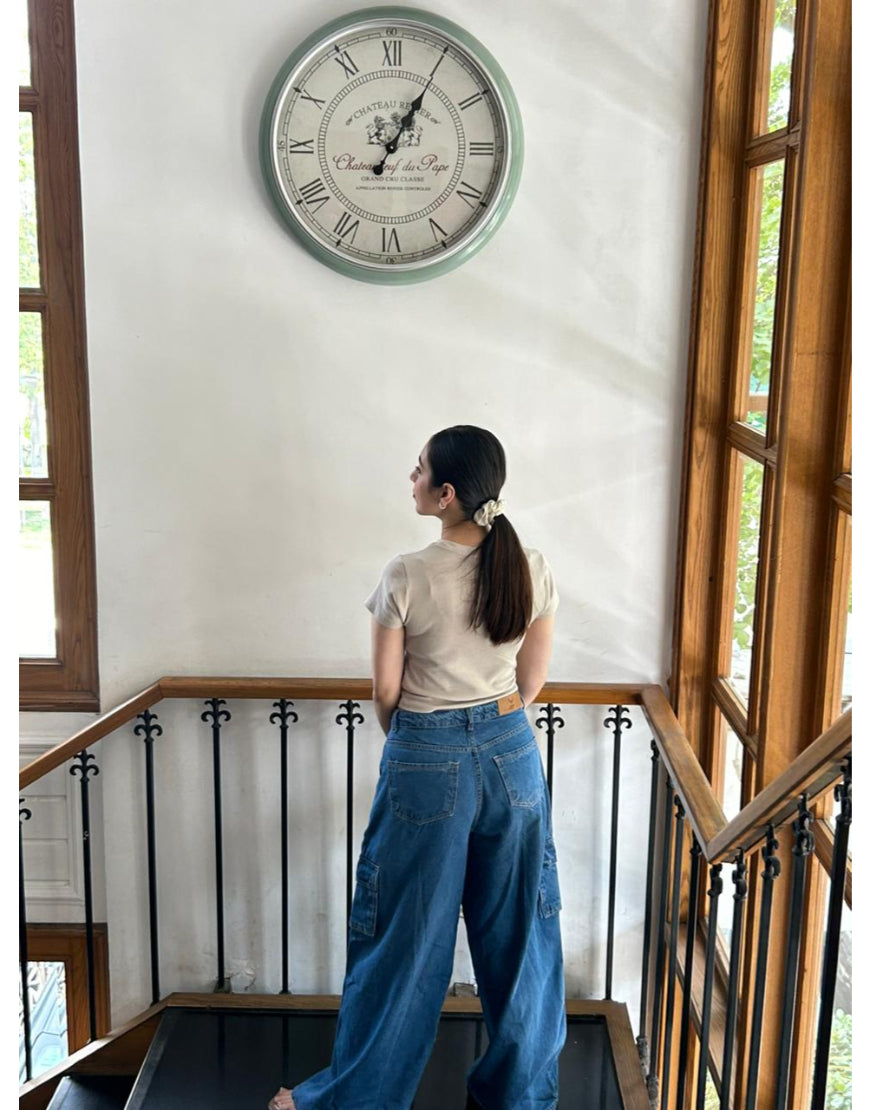 Wide Leg Flap Pocket Cargo Stone Blue