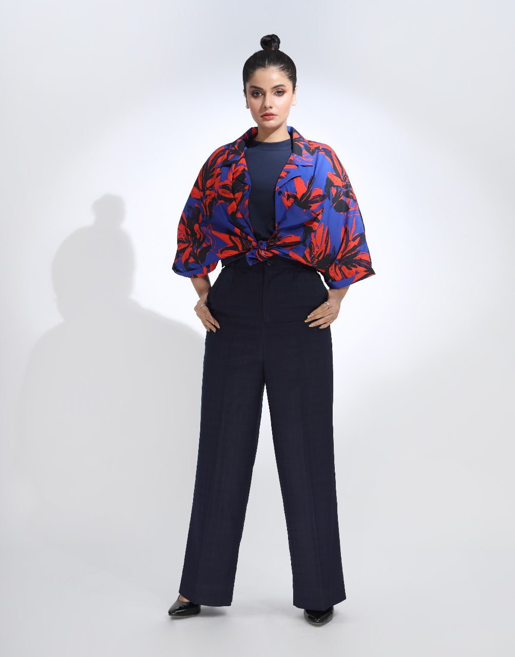 Wide Leg Checked Dress Pant Navy Blue