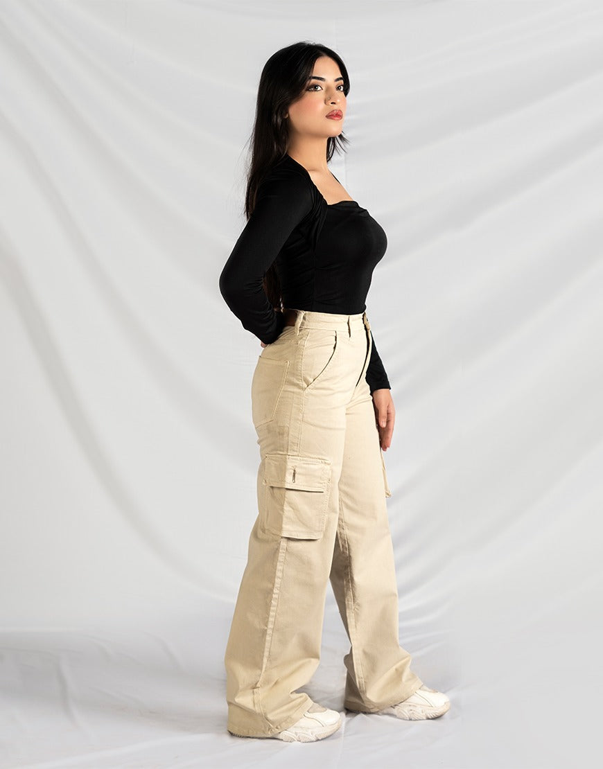 High Rise Wide Leg Cargo Twill Pants