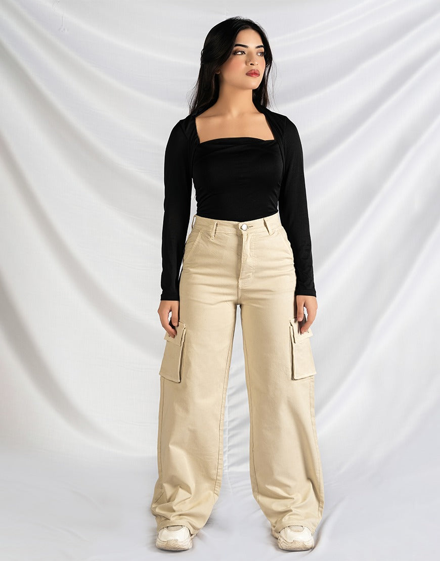 High Rise Wide Leg Cargo Twill Pants