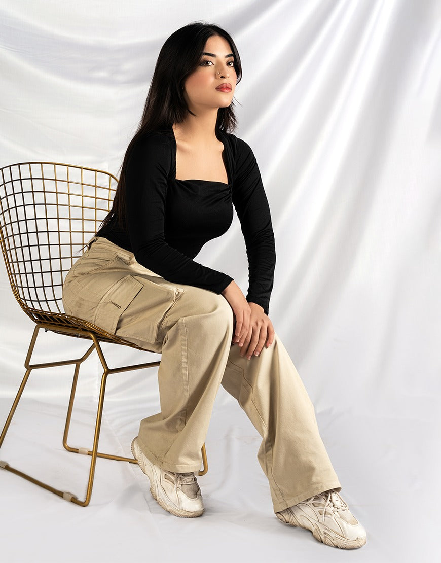High Rise Wide Leg Cargo Twill Pants