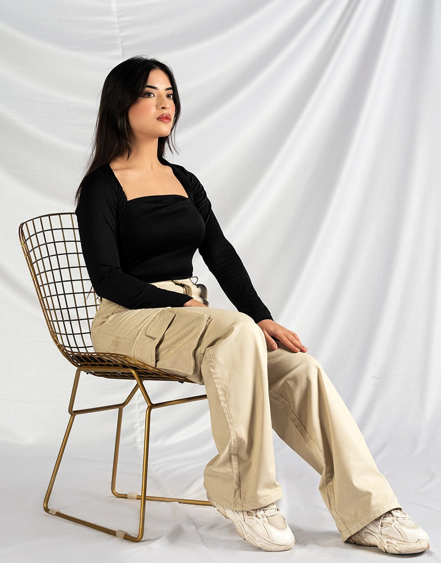 High Rise Wide Leg Cargo Twill Pants