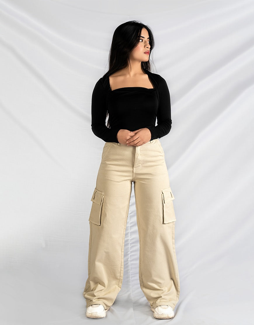 High Rise Wide Leg Cargo Twill Pants