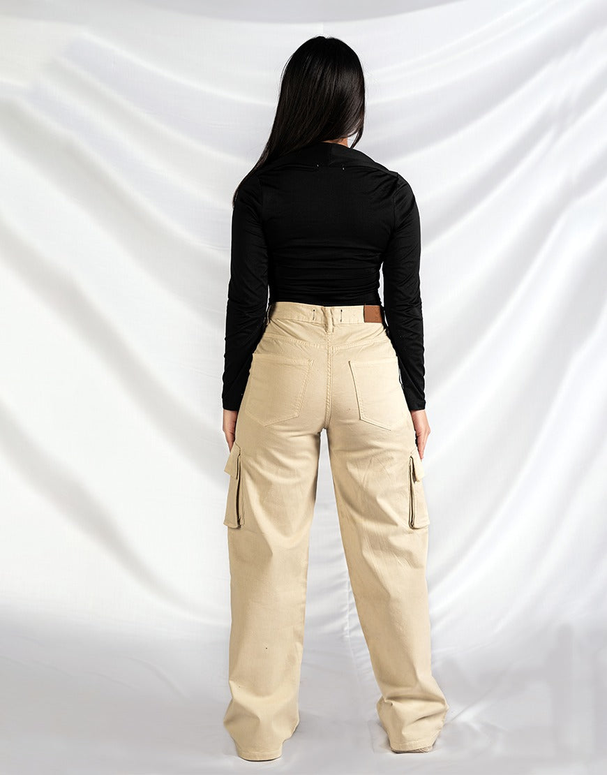 High Rise Wide Leg Cargo Twill Pants