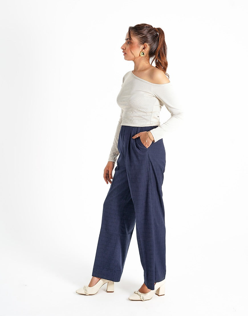 Stormproof (Wide Leg Checked Dress Pant Navy Blue)