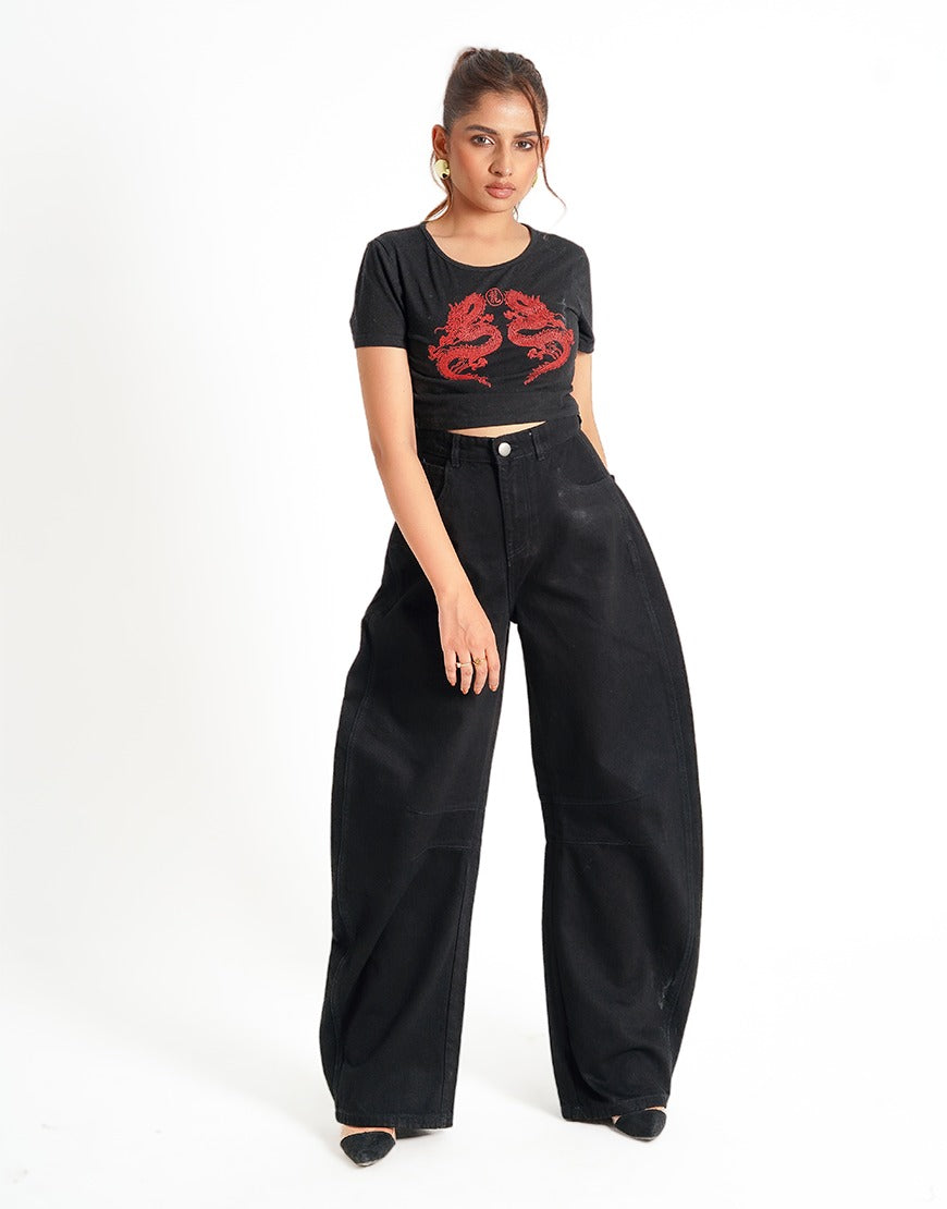 High Rise Jet Black Barrel Jeans
