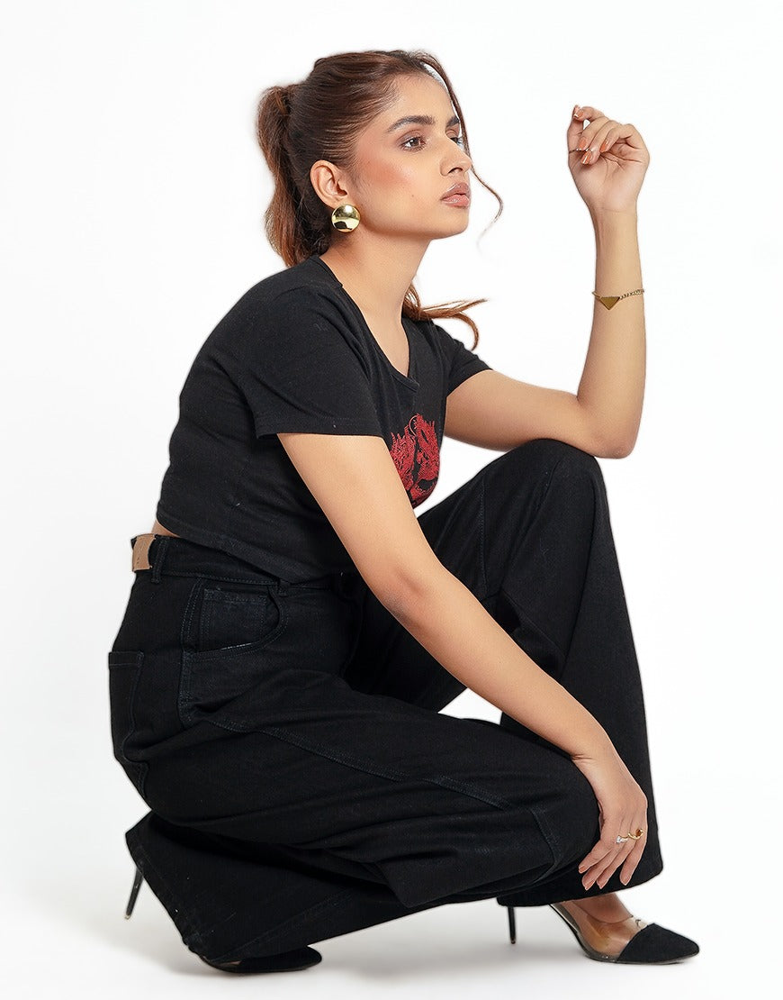 High Rise Jet Black Barrel Jeans Minor Fault