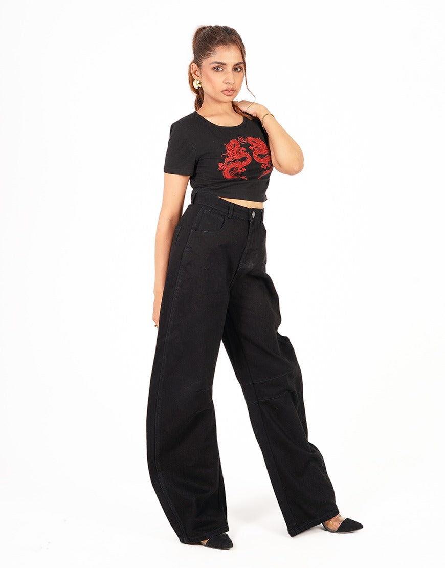 High Rise Jet Black Barrel Jeans Minor Fault