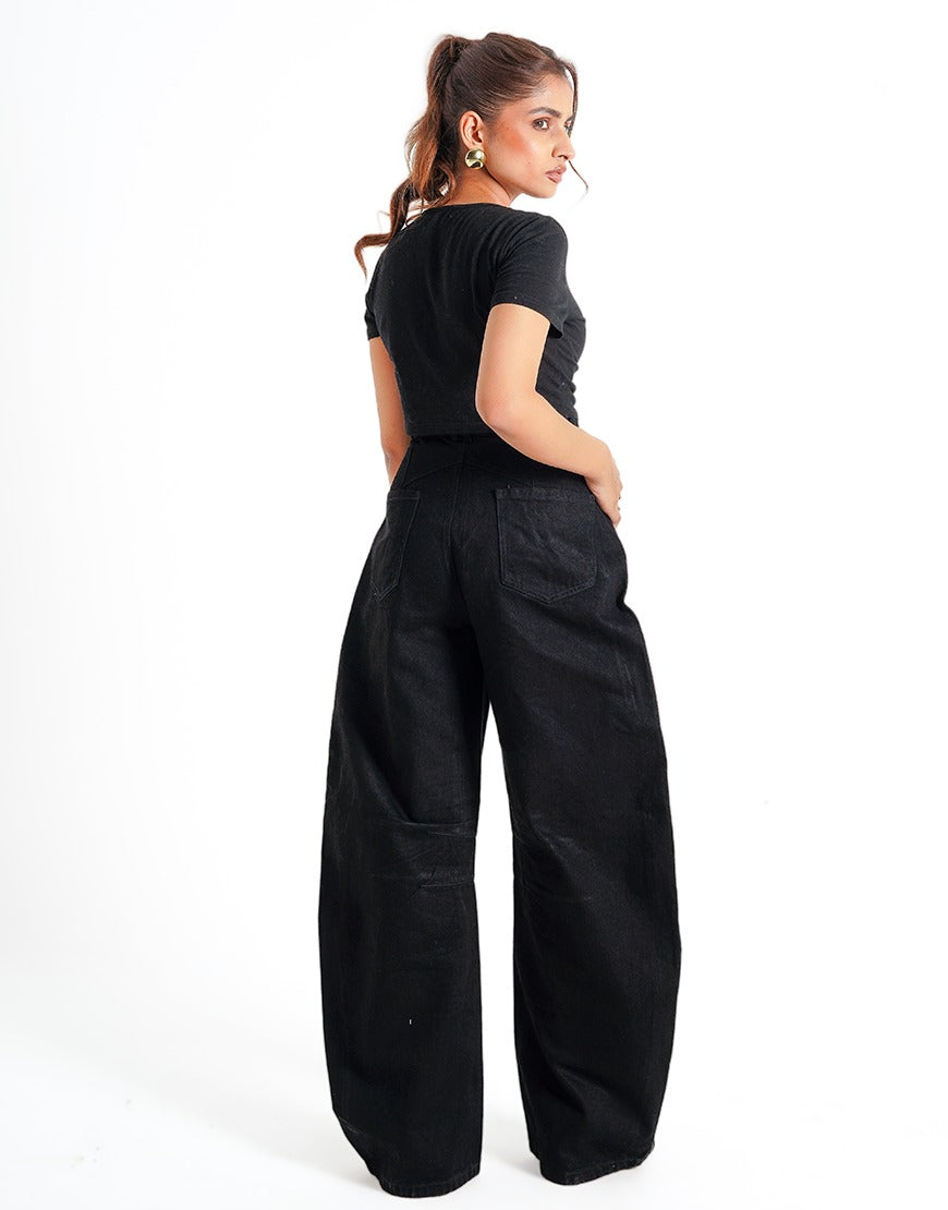 High Rise Jet Black Barrel Jeans Minor Fault