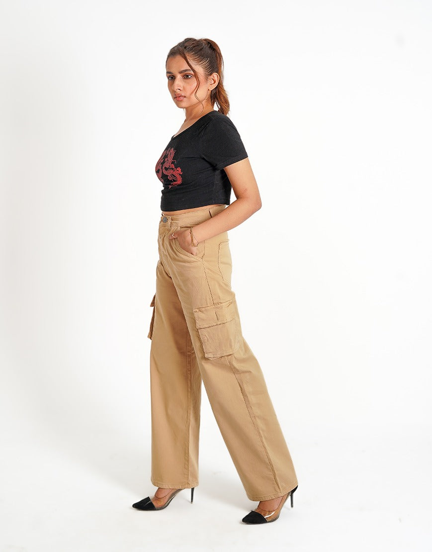 High Rise Wide Leg Cargo Twill Pants Beige