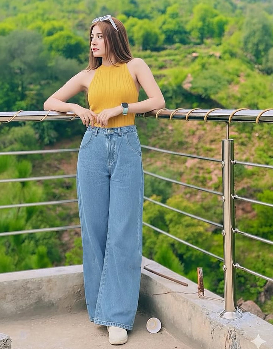 High Rise Wide Leg Cross Pocket Jeans Mid Wash