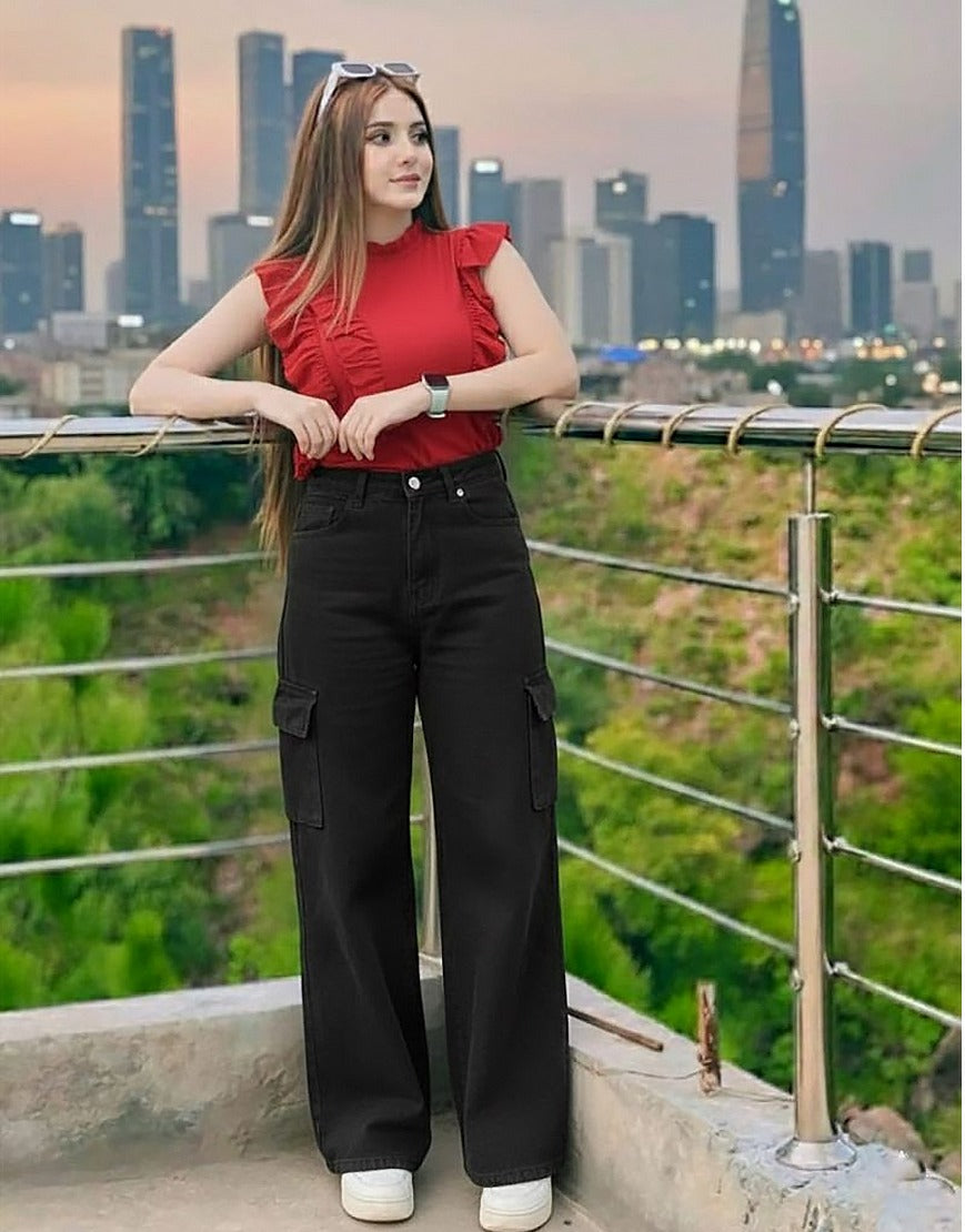 Wide Leg Jeans Cargo Black Minor Fault