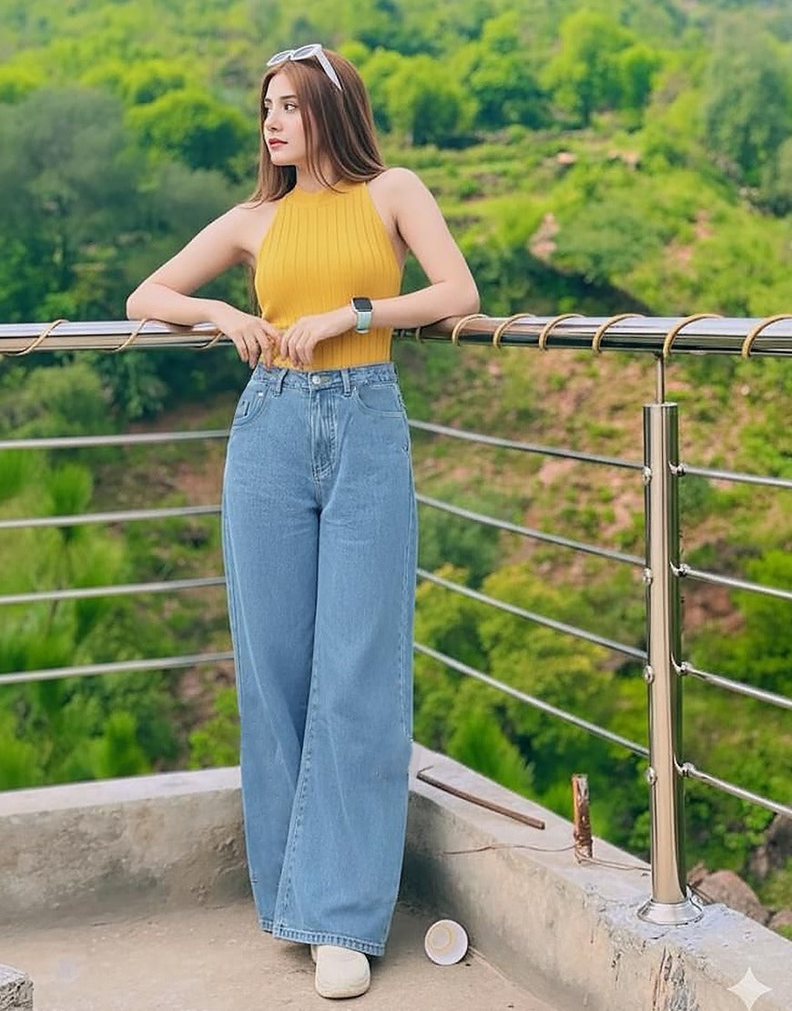 High Rise Wide Leg Jeans Mid Blue