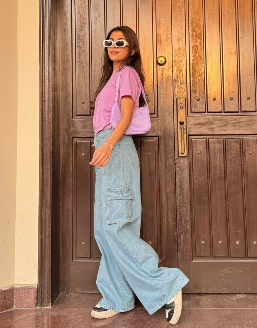 High Rise Wide Leg Flap Pocket Cargo Jeans Mid Wash