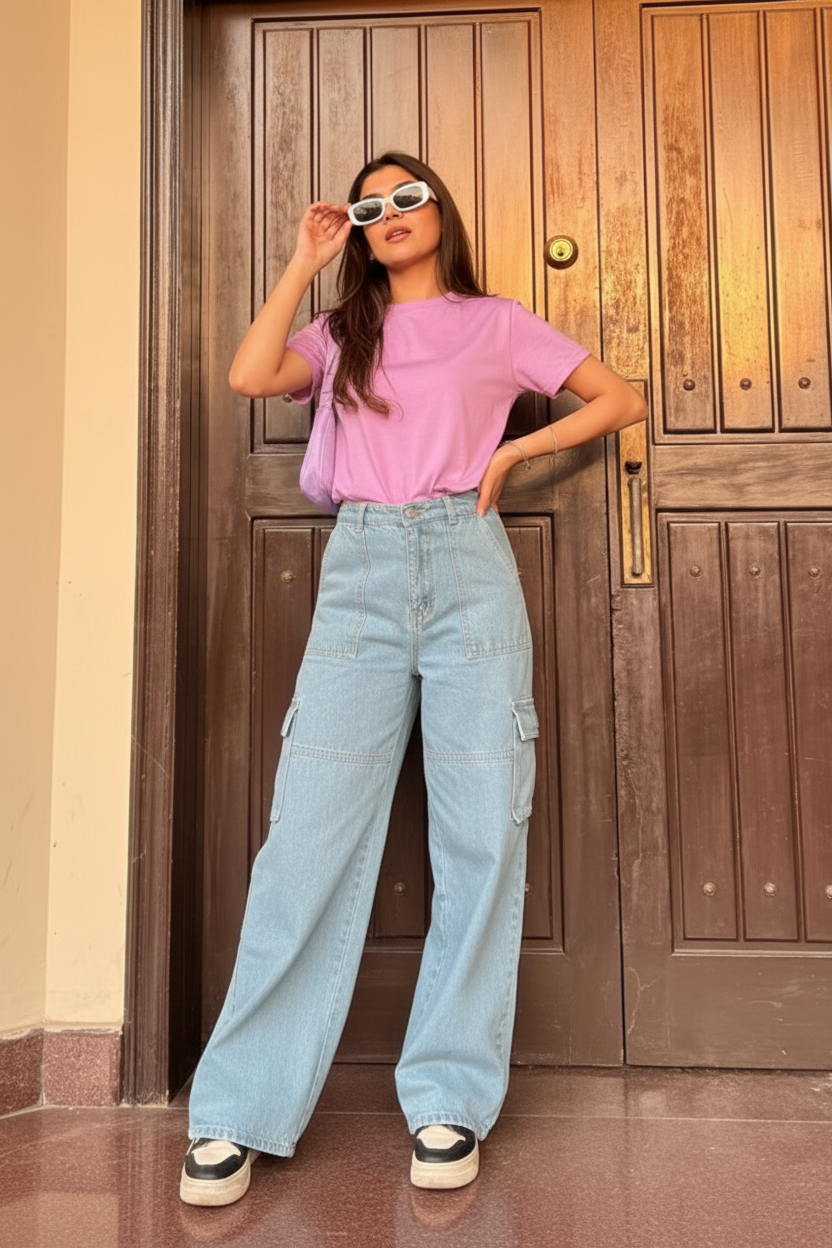 High Rise Wide Leg Flap Pocket Cargo Jeans Mid Wash