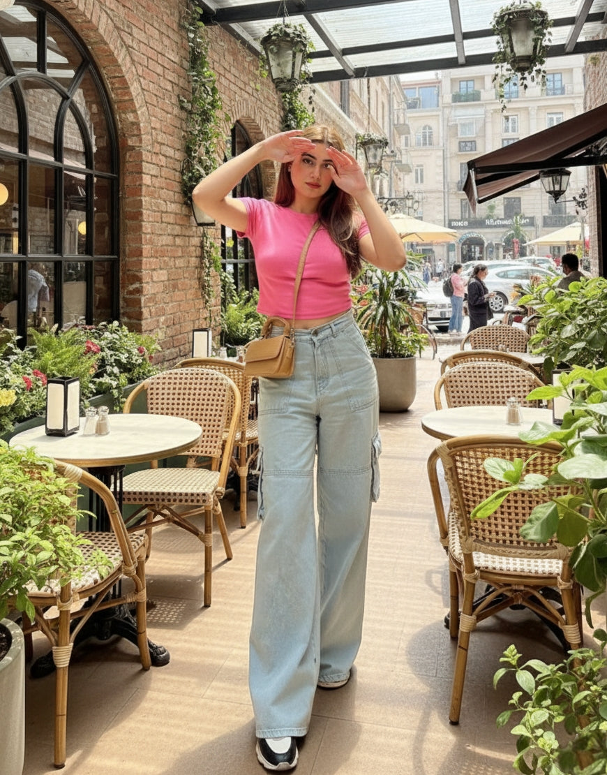 High Rise Wide Leg Flap Pocket Cargo Jeans Light Wash Minor Fault