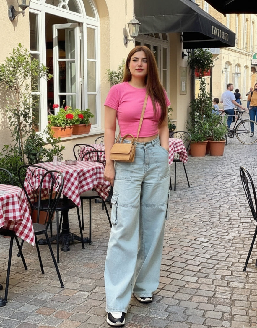 High Rise Wide Leg Flap Pocket Cargo Jeans Light Wash Minor Fault