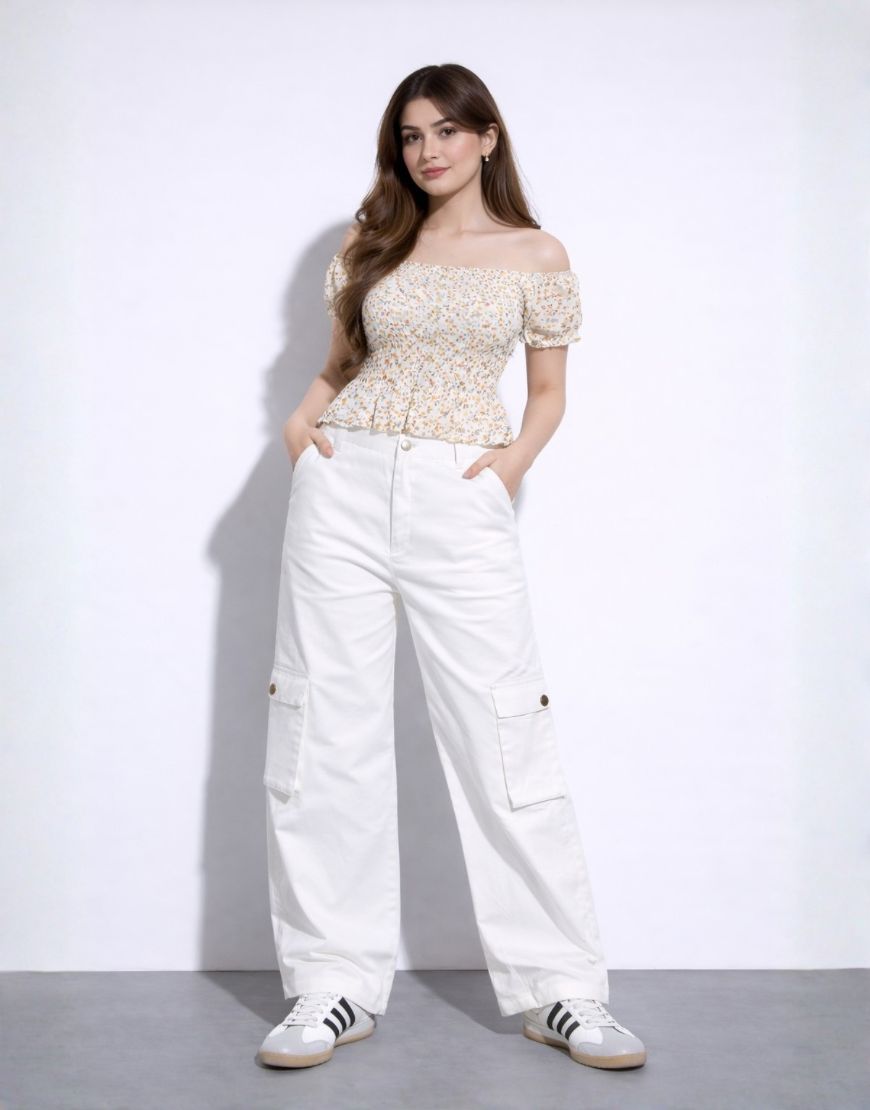 High Rise Wide Leg Cargo Jeans White