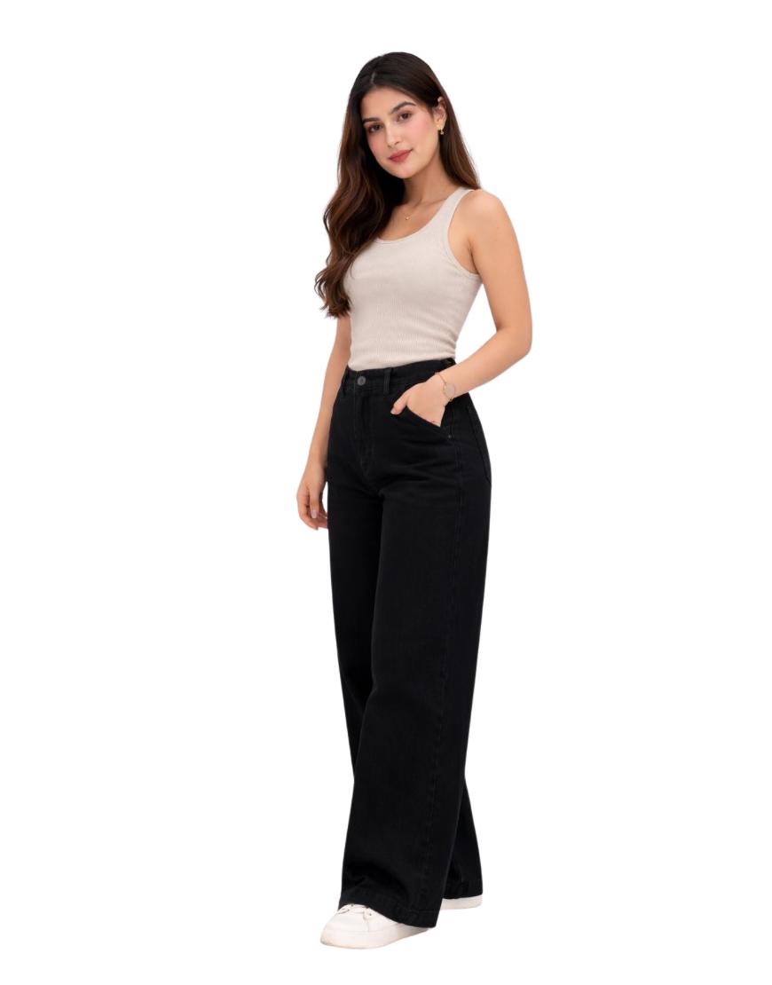 Wide Leg Twill Pants Jet Black