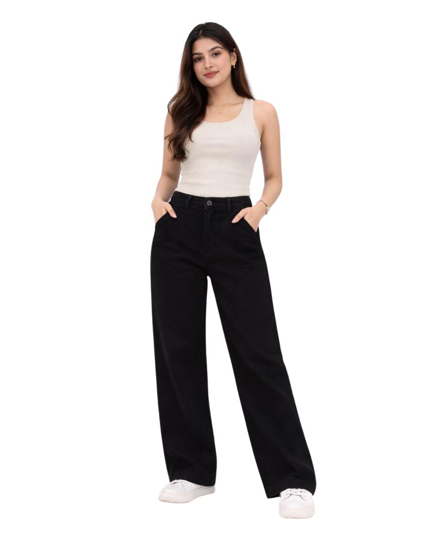 Wide Leg Twill Pants Jet Black