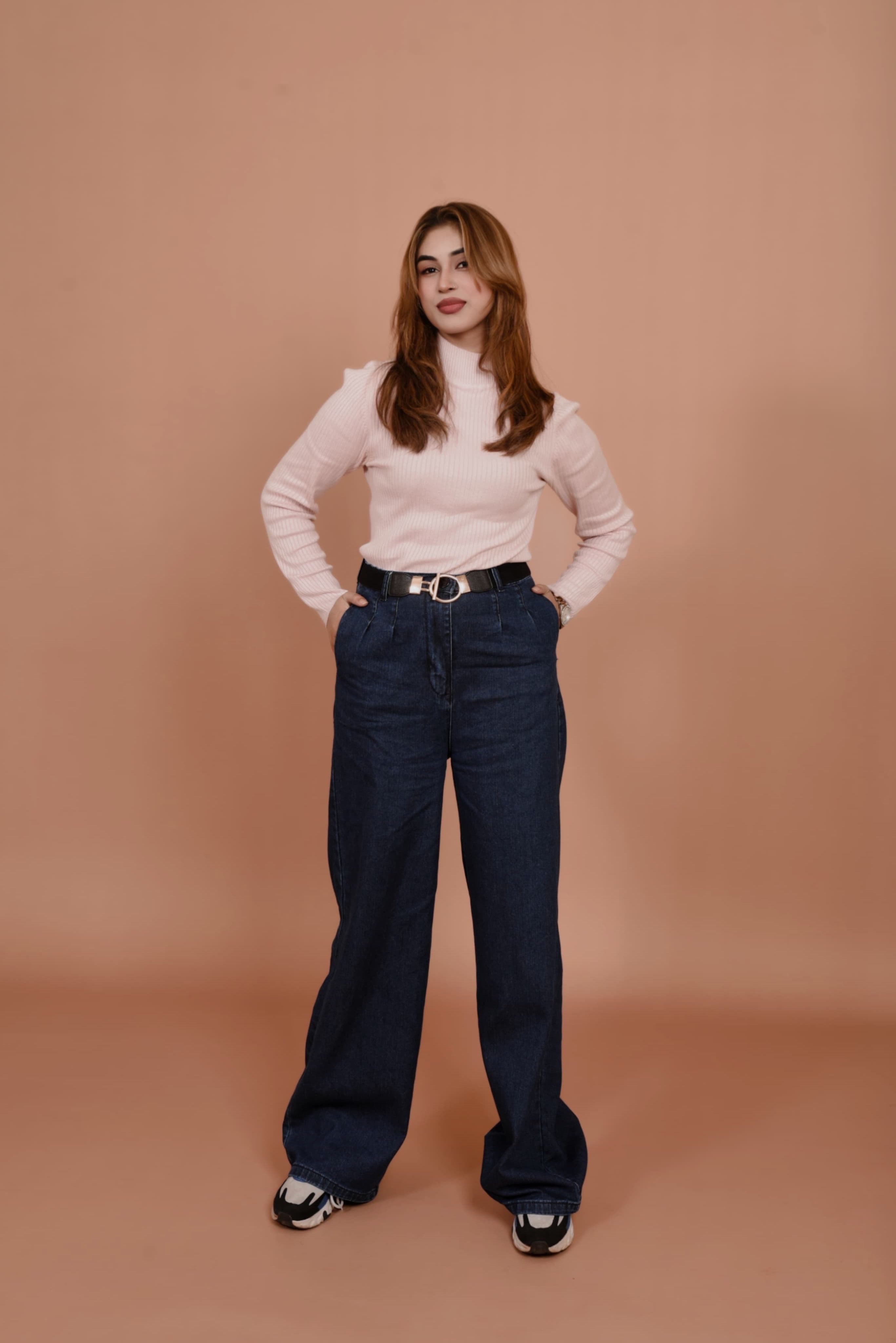 Wide Leg Pleated Jeans Dark Wash