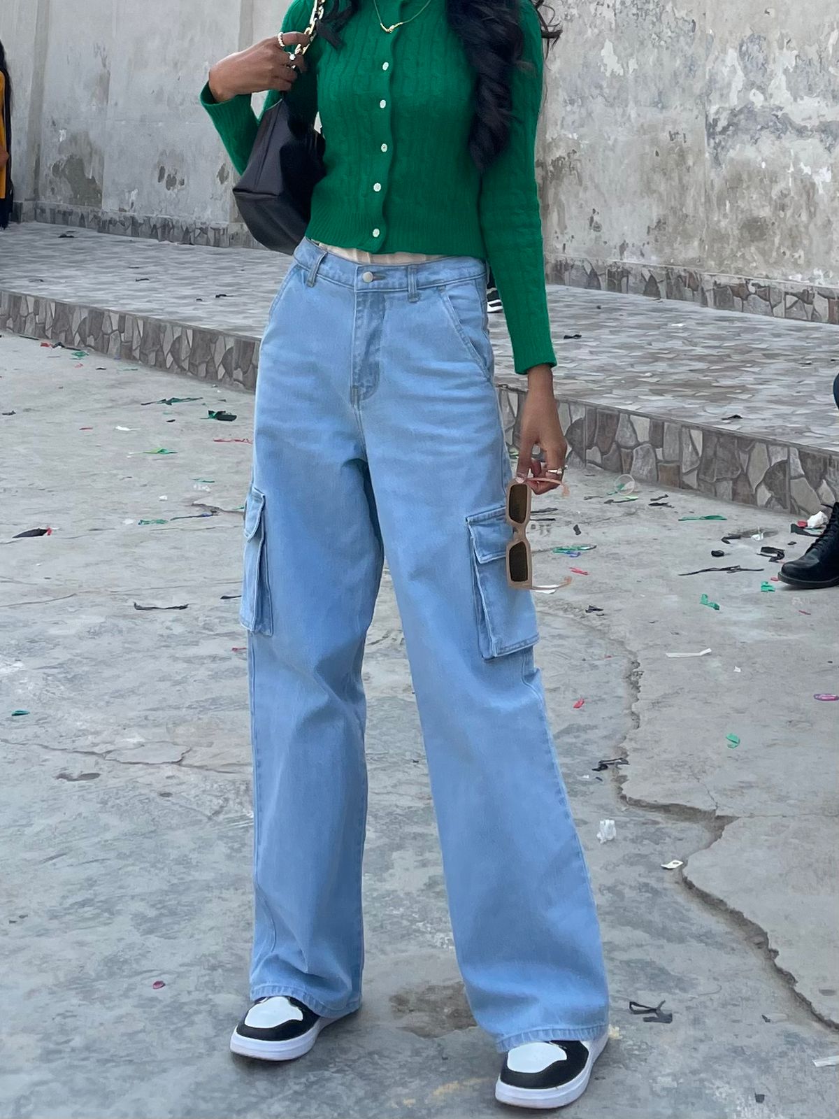 High Rise Wide Leg Cargo Jeans Medium Wash