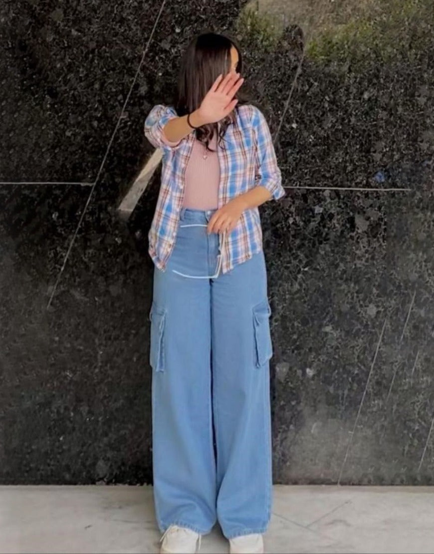 High Rise Wide Leg Cargo Jeans Medium Wash