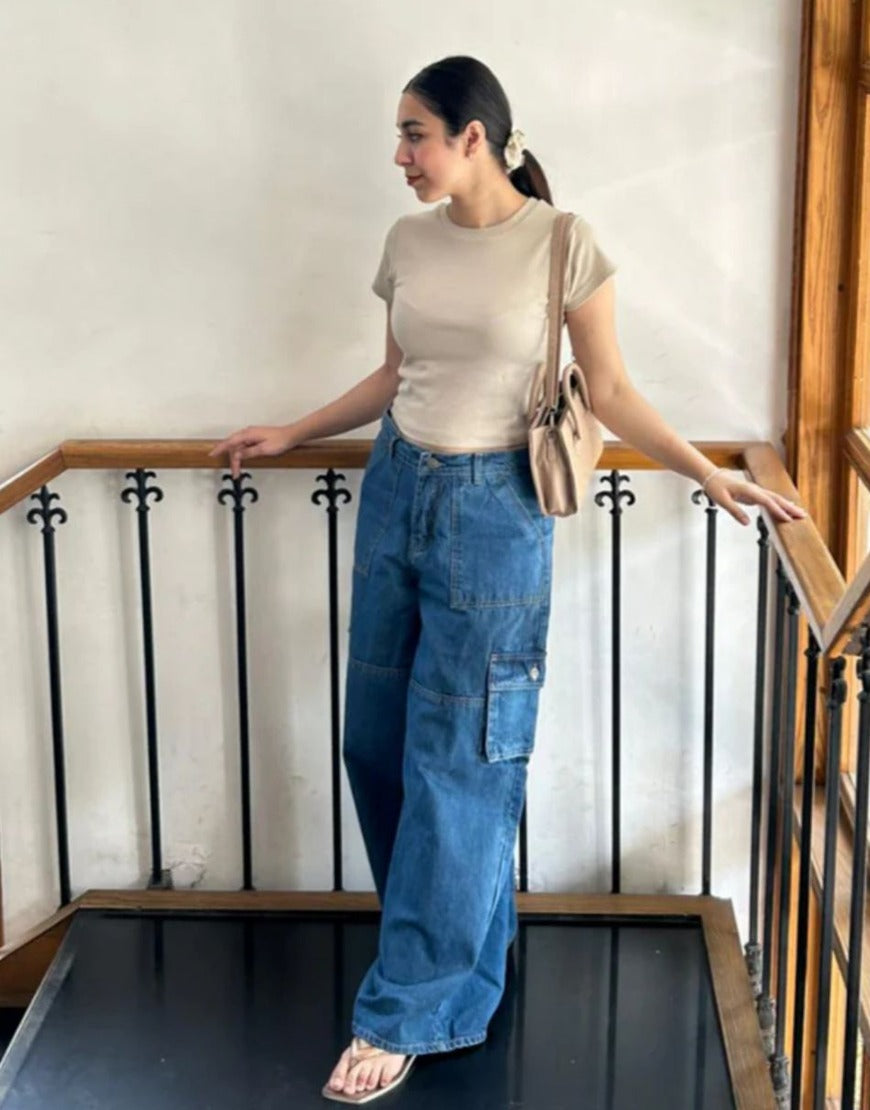 Wide Leg Flap Pocket Cargo Stone Blue