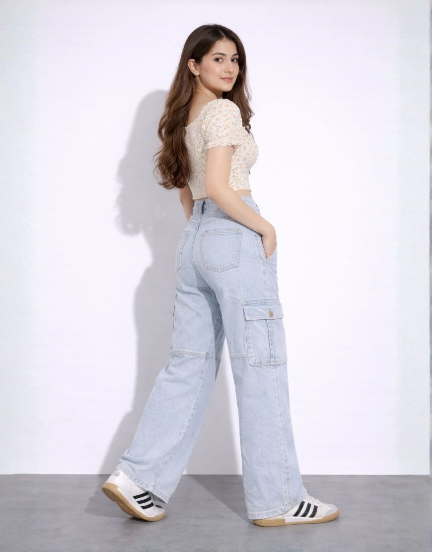 High Rise Wide Leg Flap Pocket Cargo Jeans Light Wash