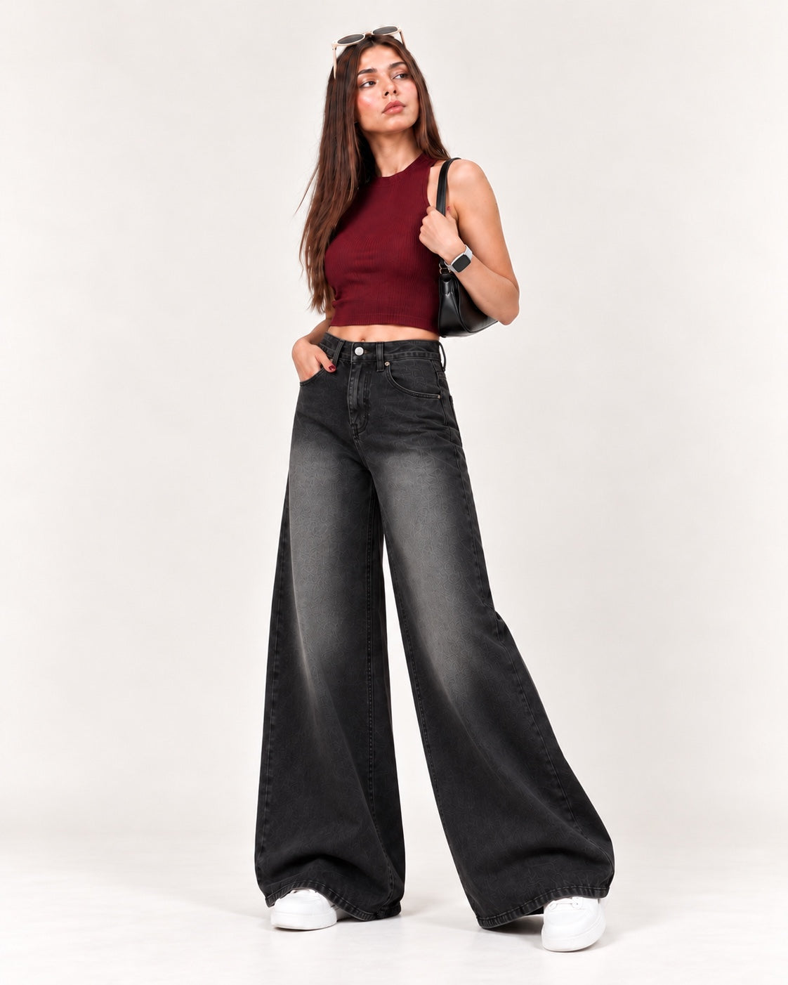Angled model view of Super Wide Leg Jeans in Smoky Black Fade