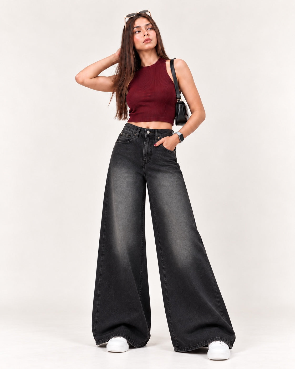 Front model view of Super Wide Leg Jeans in Smoky Black Fade