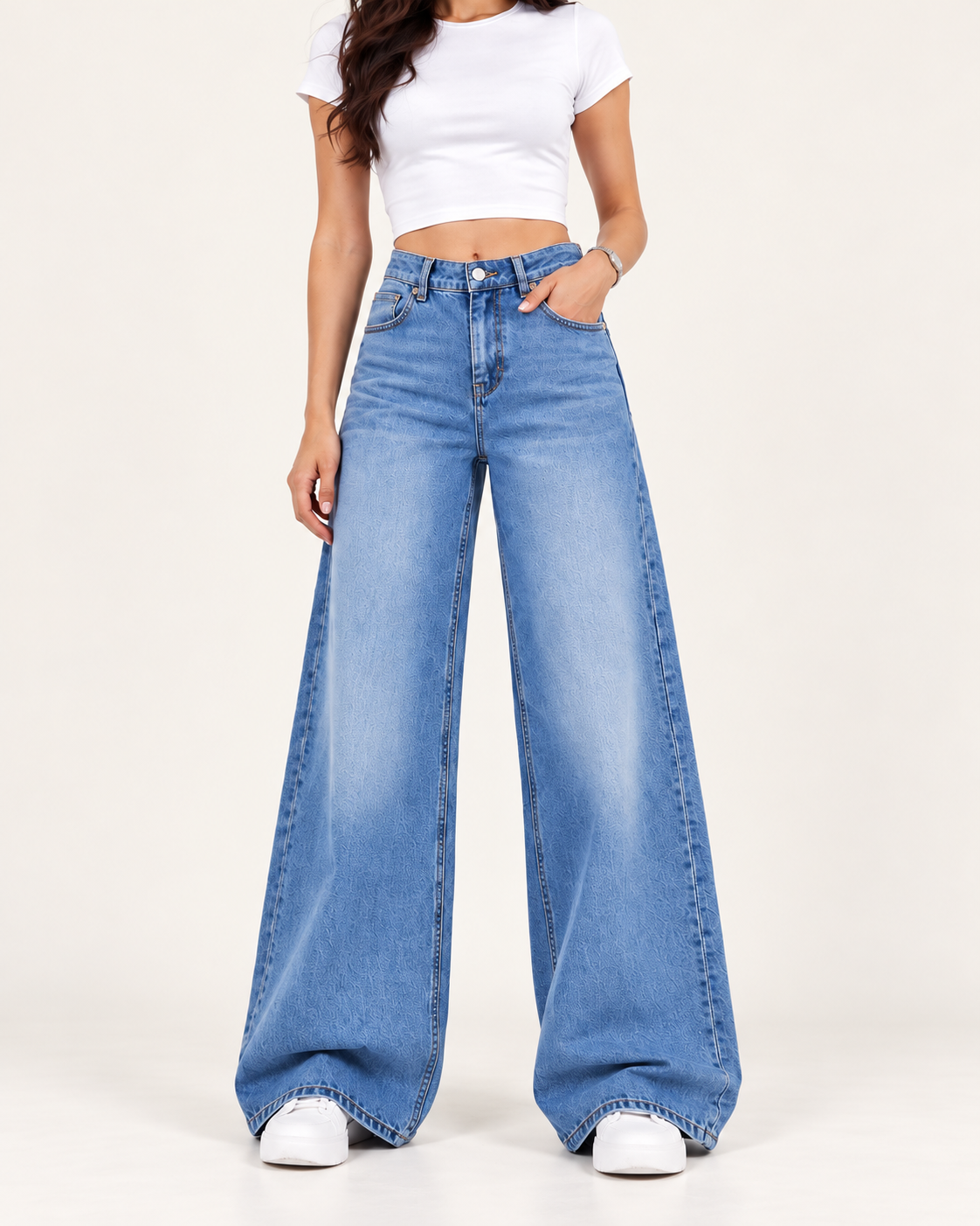 Front view of Aquila faded mid-blue wide-leg jeans
