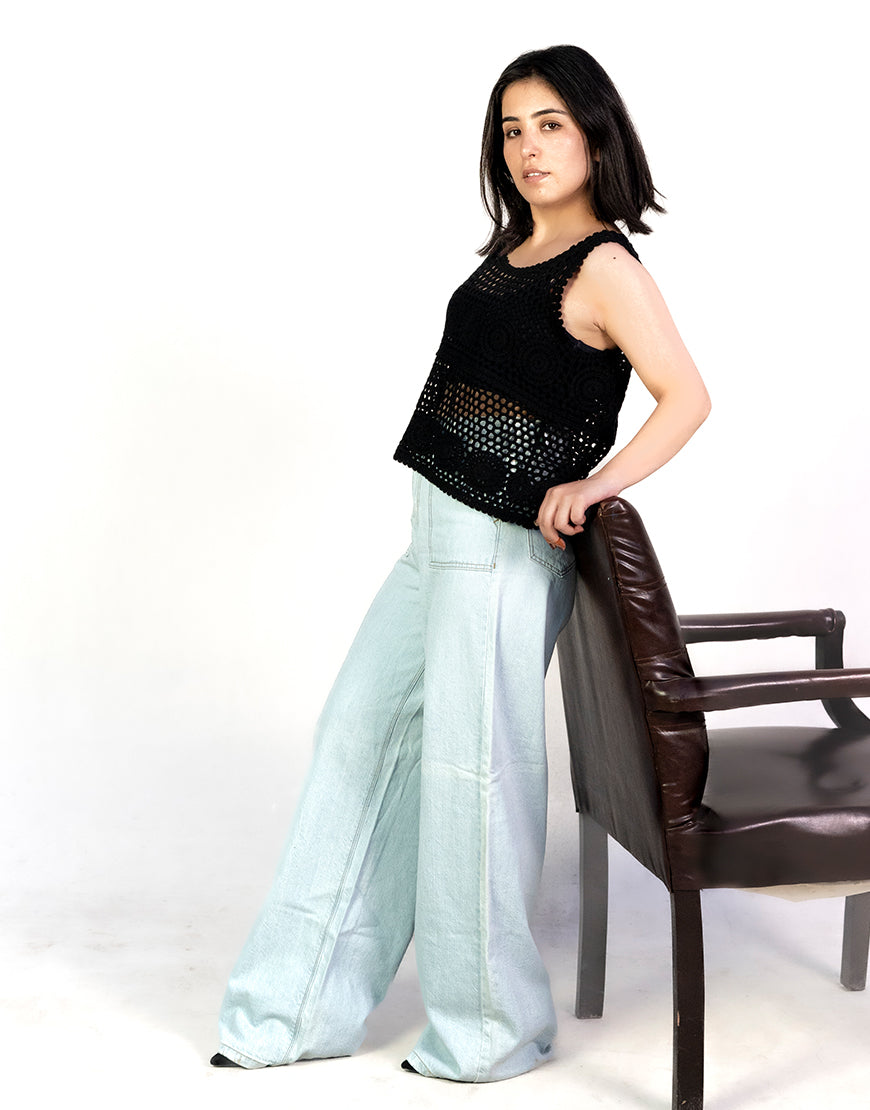 HIGH RISE WIDE LEG FLAP POCKET JEANS ICE BLUE (Minor Fault)