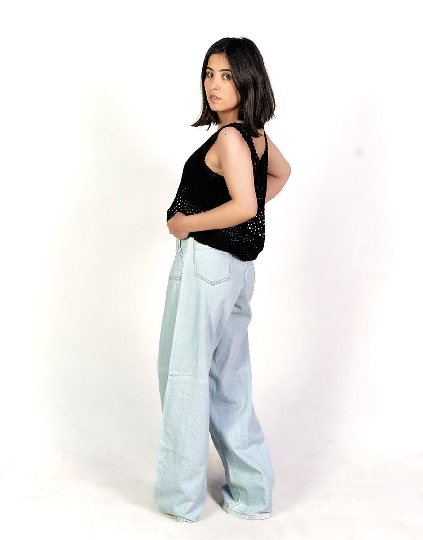HIGH RISE WIDE LEG FLAP POCKET JEANS ICE BLUE