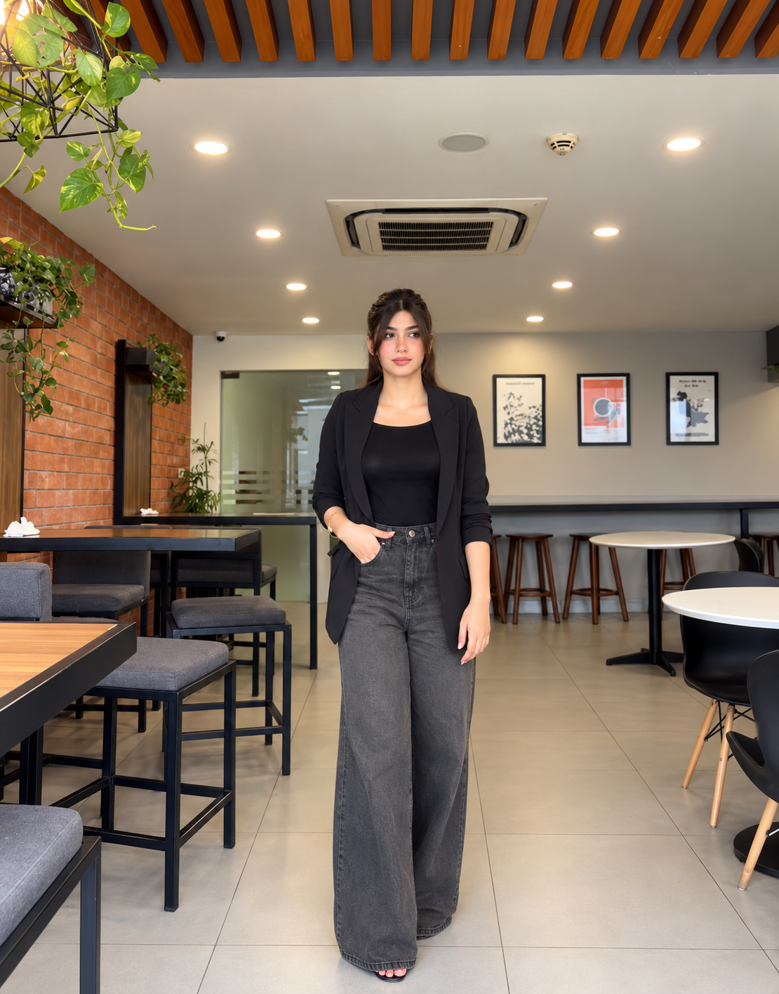 Aquila faded-black super wide-leg jeans styled with a black blazer