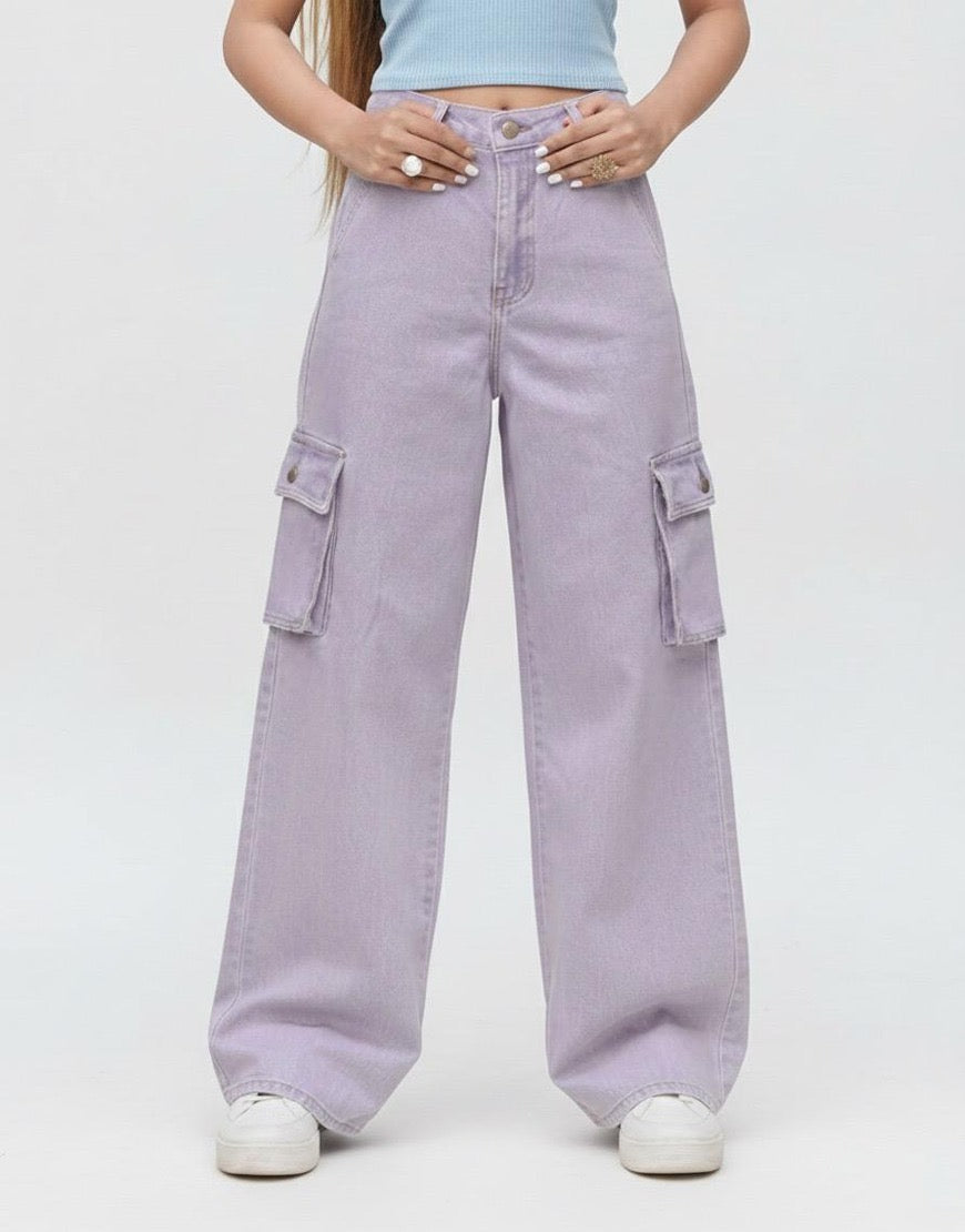 High Rise Wide Leg Cargo Jeans Lilac